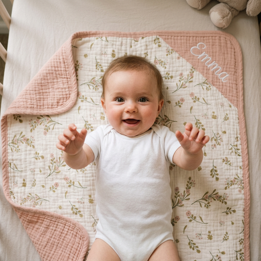 Happy baby lying on a personalized floral muslin blanket with embroidered name