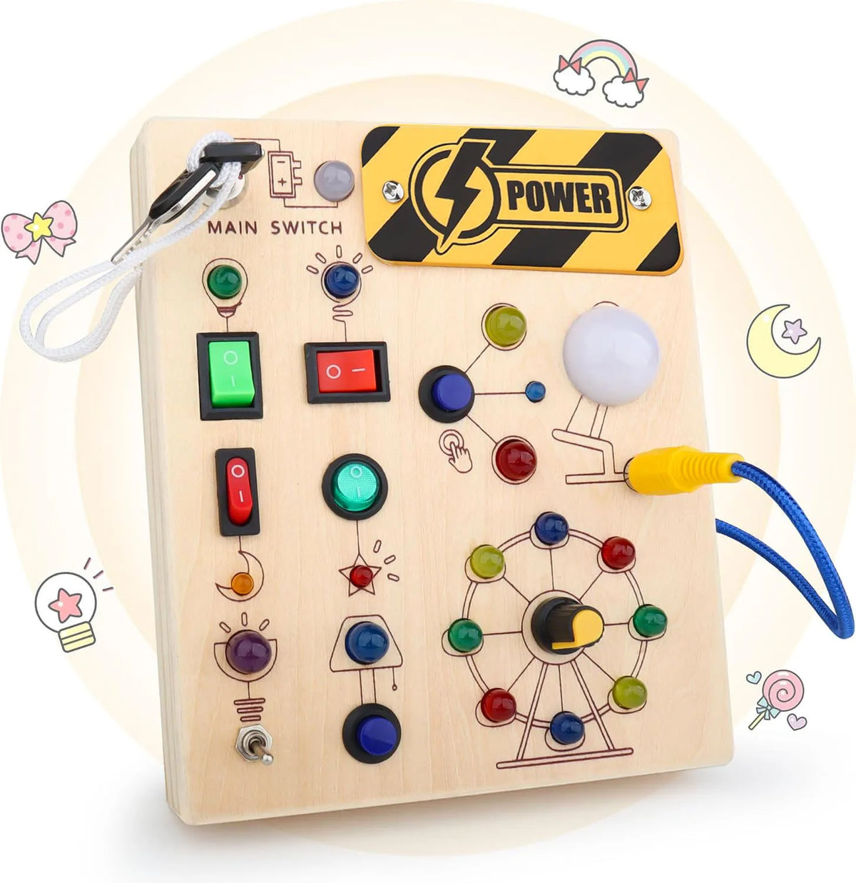 Montessori Busy Board with 10 Switches and 19 LED Lights