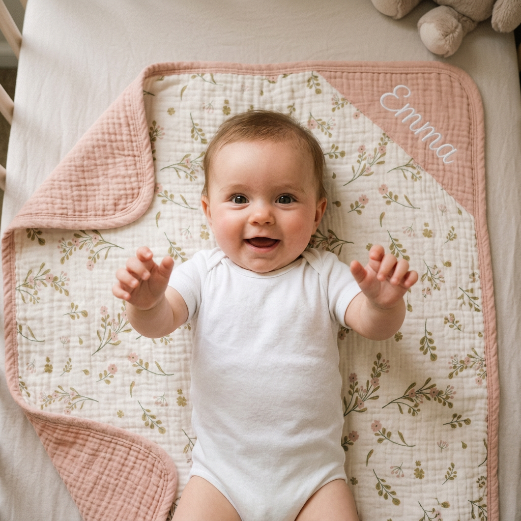 Happy baby lying on a personalized floral muslin blanket with embroidered name