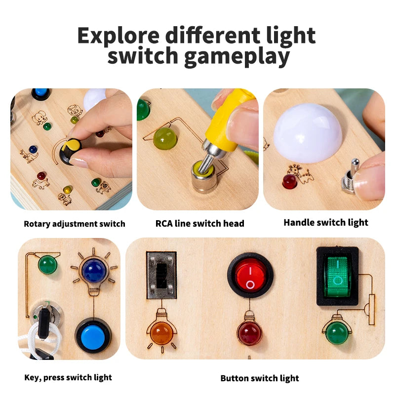 Wooden LED Busy Board with Light Switches for Toddlers