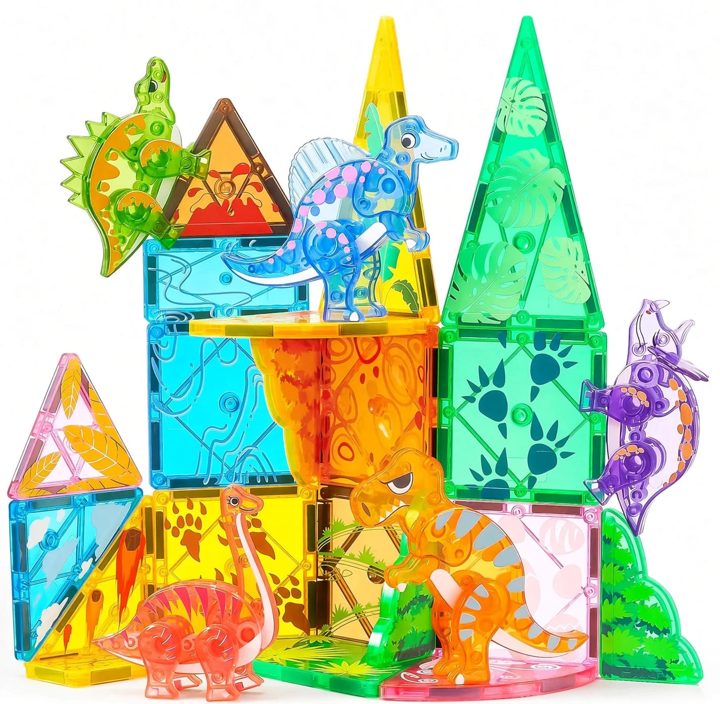 Magnetic Tiles Castle & Dinosaur Set with Car, 50-110 Pcs