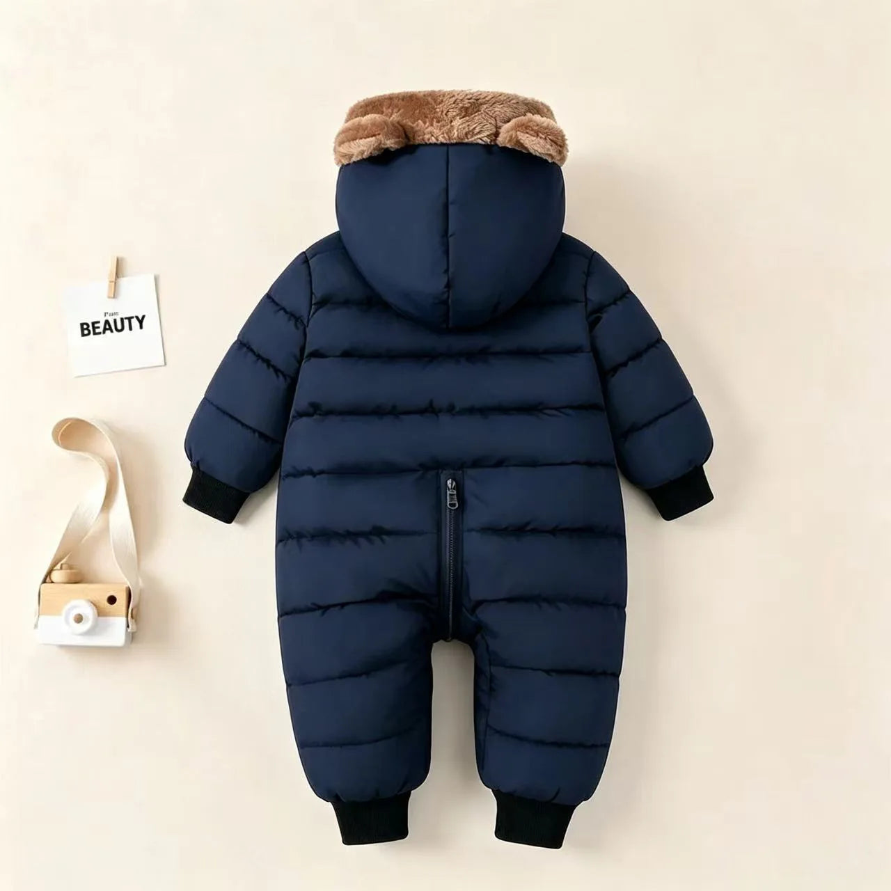 Fleece lined baby snowsuit with bear ears