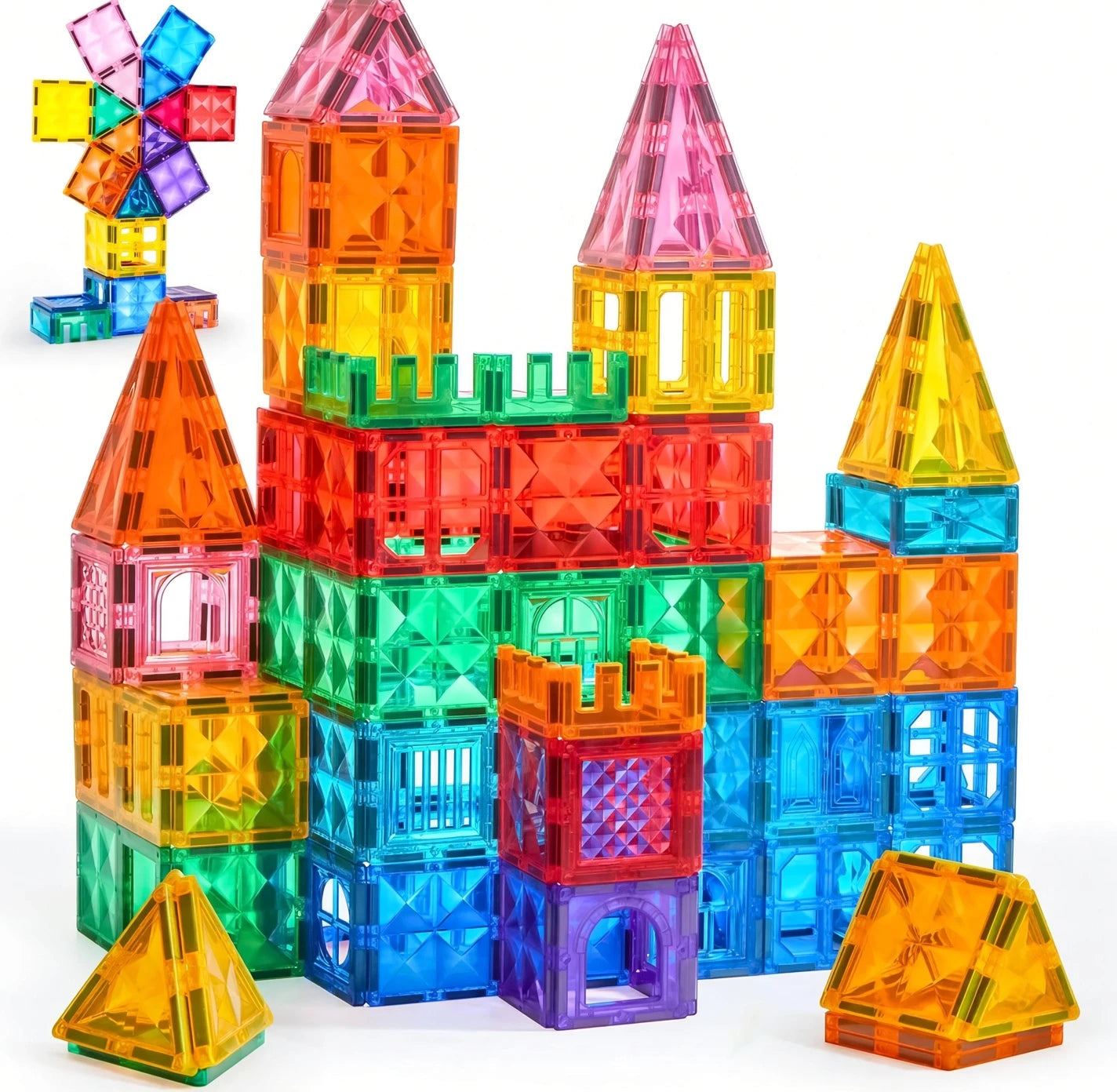 Magnetic Tiles Castle & Dinosaur Set with Car, 50-110 Pcs