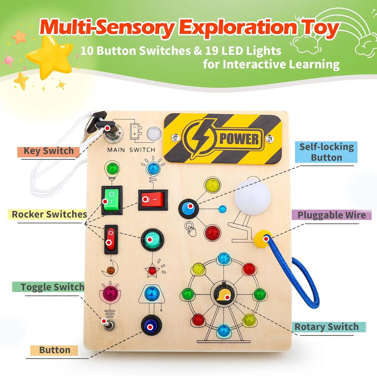 Montessori Busy Board with 10 Switches and 19 LED Lights