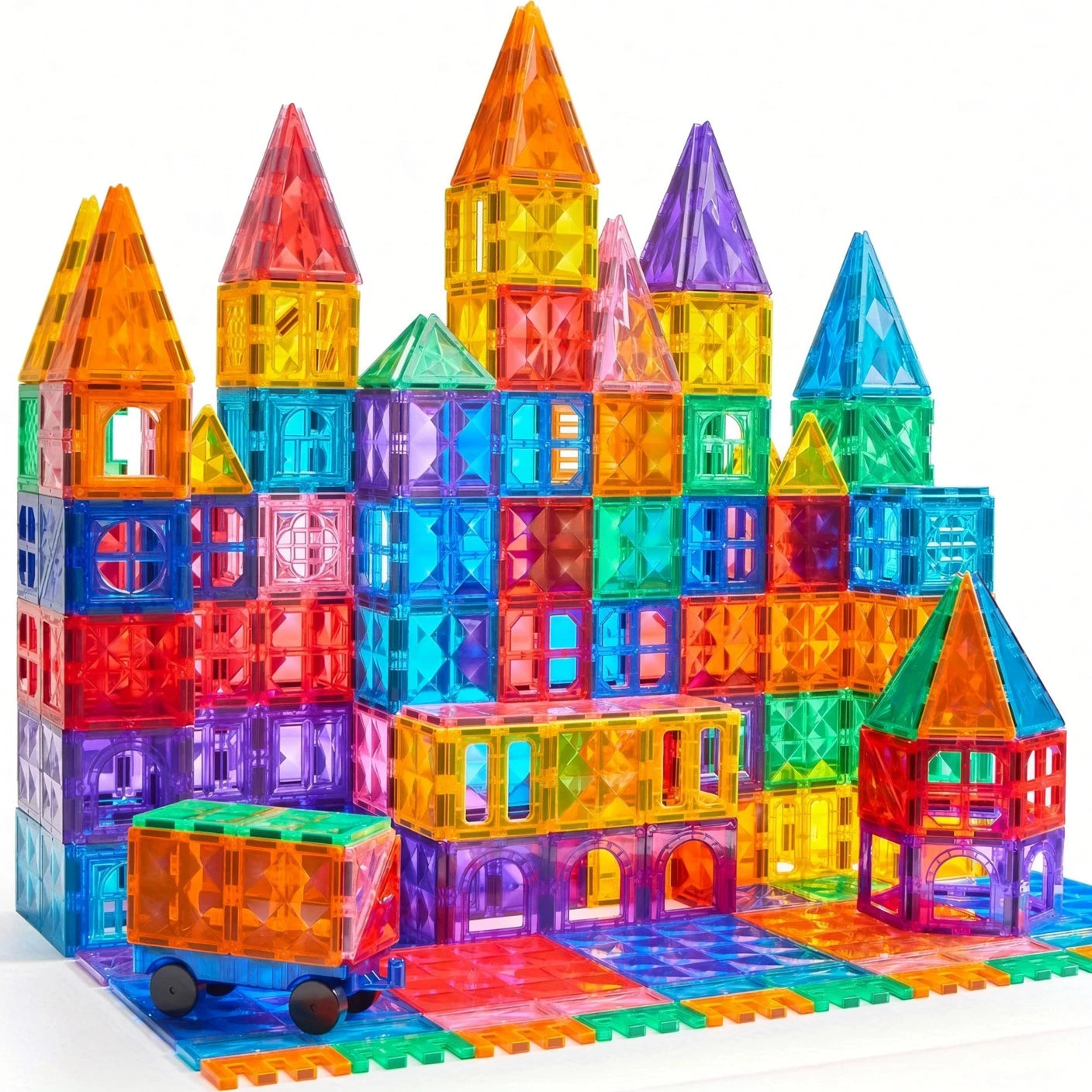 Magnetic Tiles Castle & Dinosaur Set with Car, 50-110 Pcs