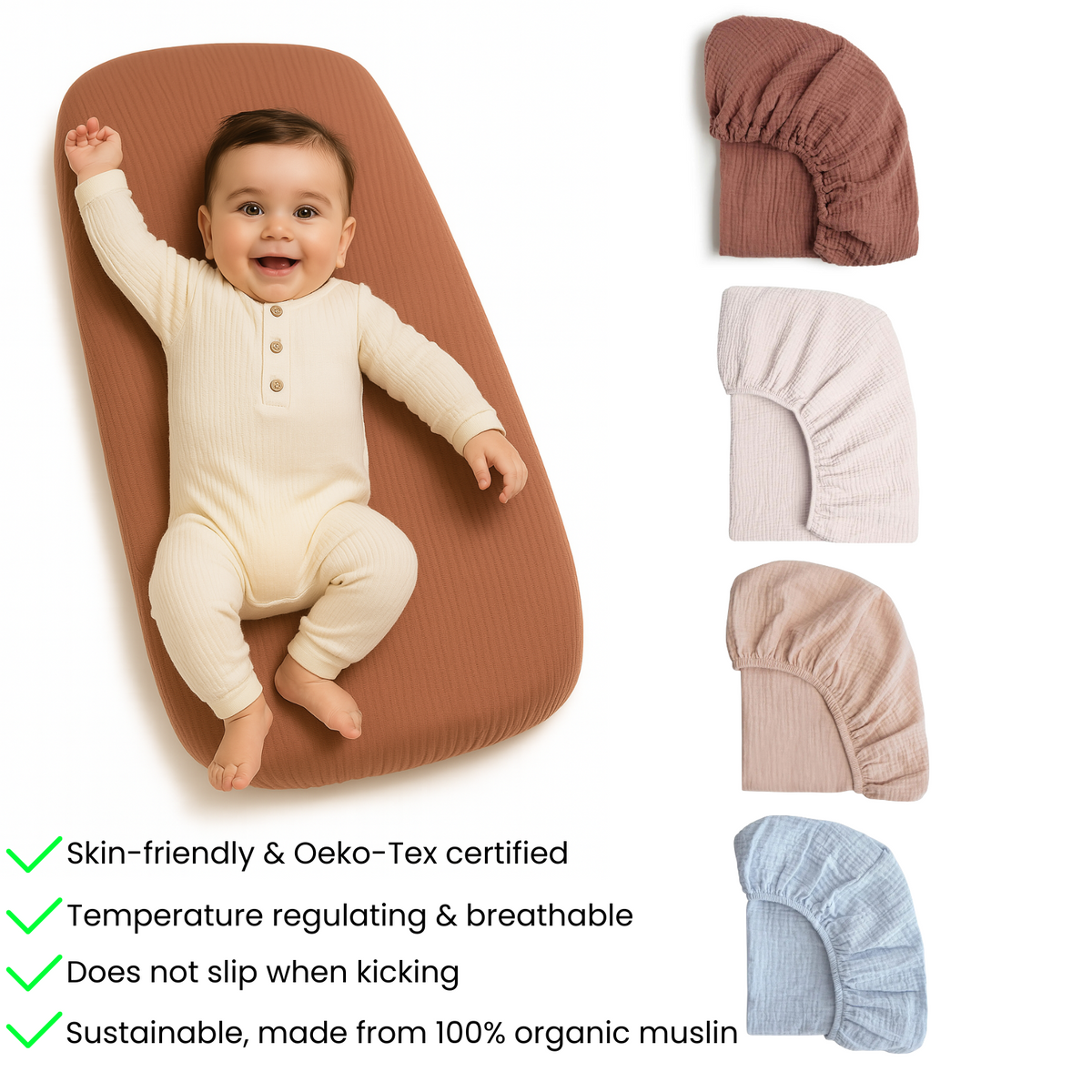 Muslin Fitted Sheet for Bassinet, 100% Cotton, 32 x 16 in
