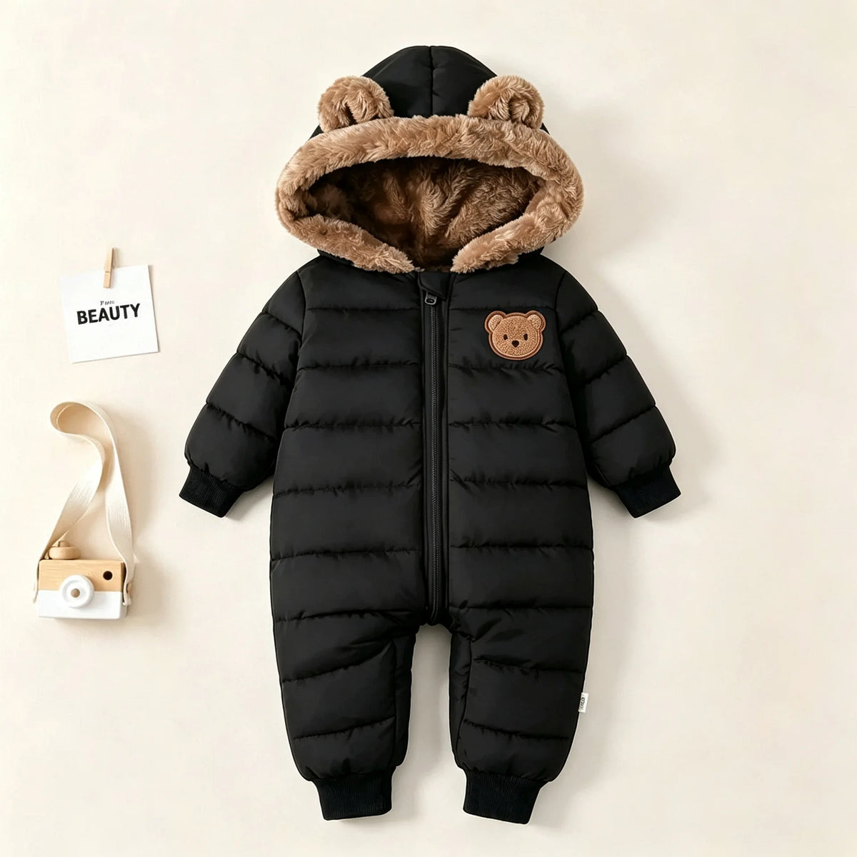 Baby Snowsuit with Bear Ears, Fleece Lined Hooded Jumpsuit