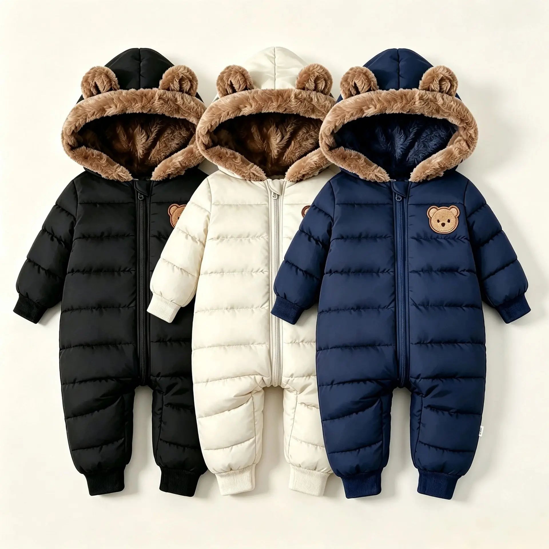 Fleece lined baby snowsuit with bear ears