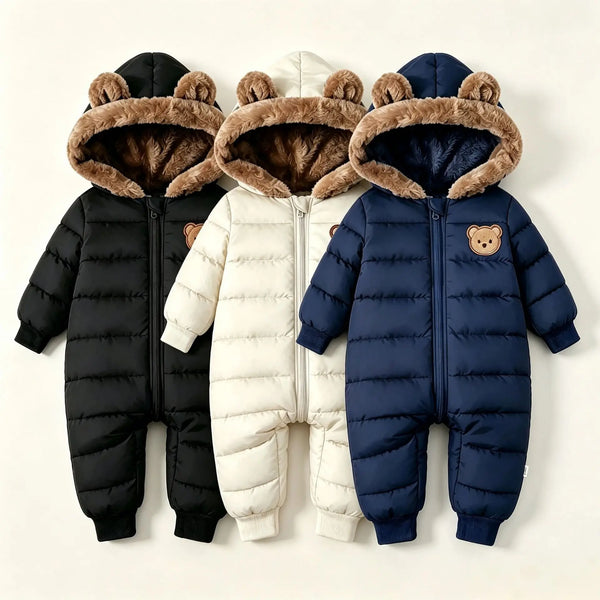 Baby Snowsuit with Bear Ears, Fleece Lined Hooded Jumpsuit