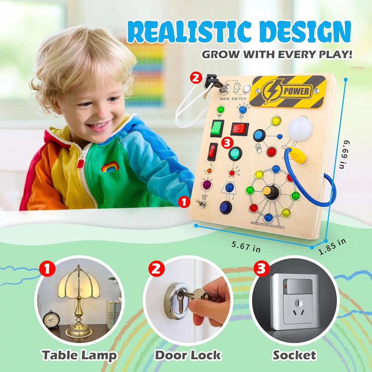 Montessori Busy Board with 10 Switches and 19 LED Lights