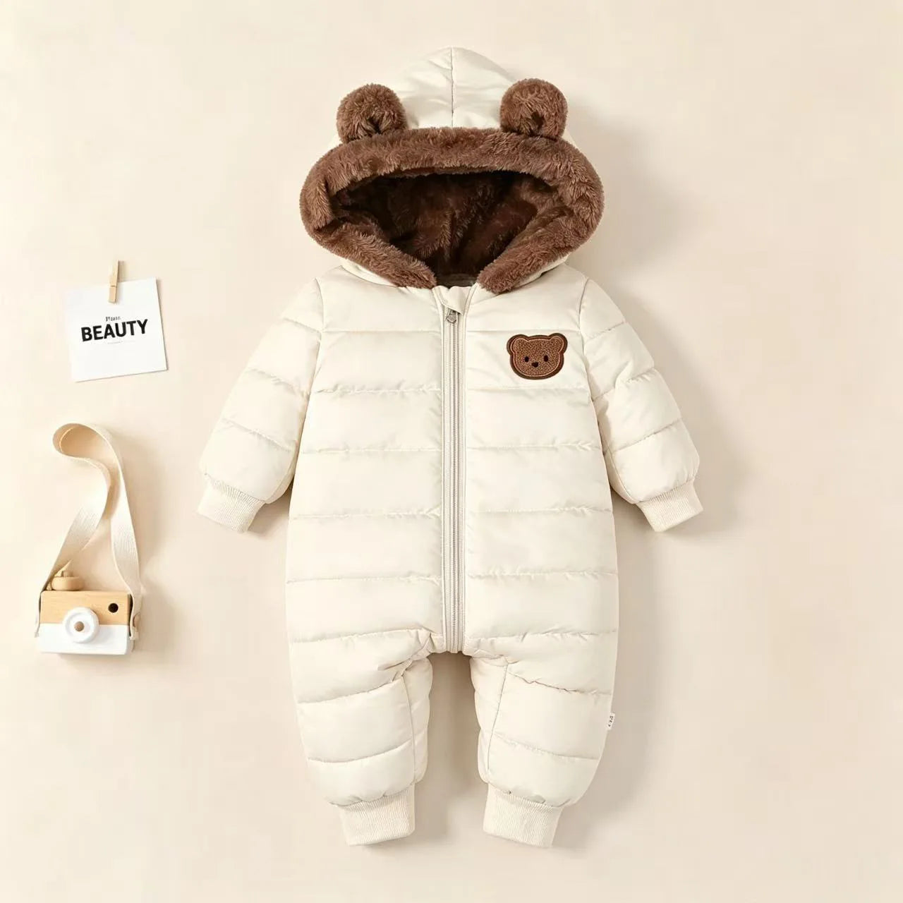 Fleece lined baby snowsuit with bear ears