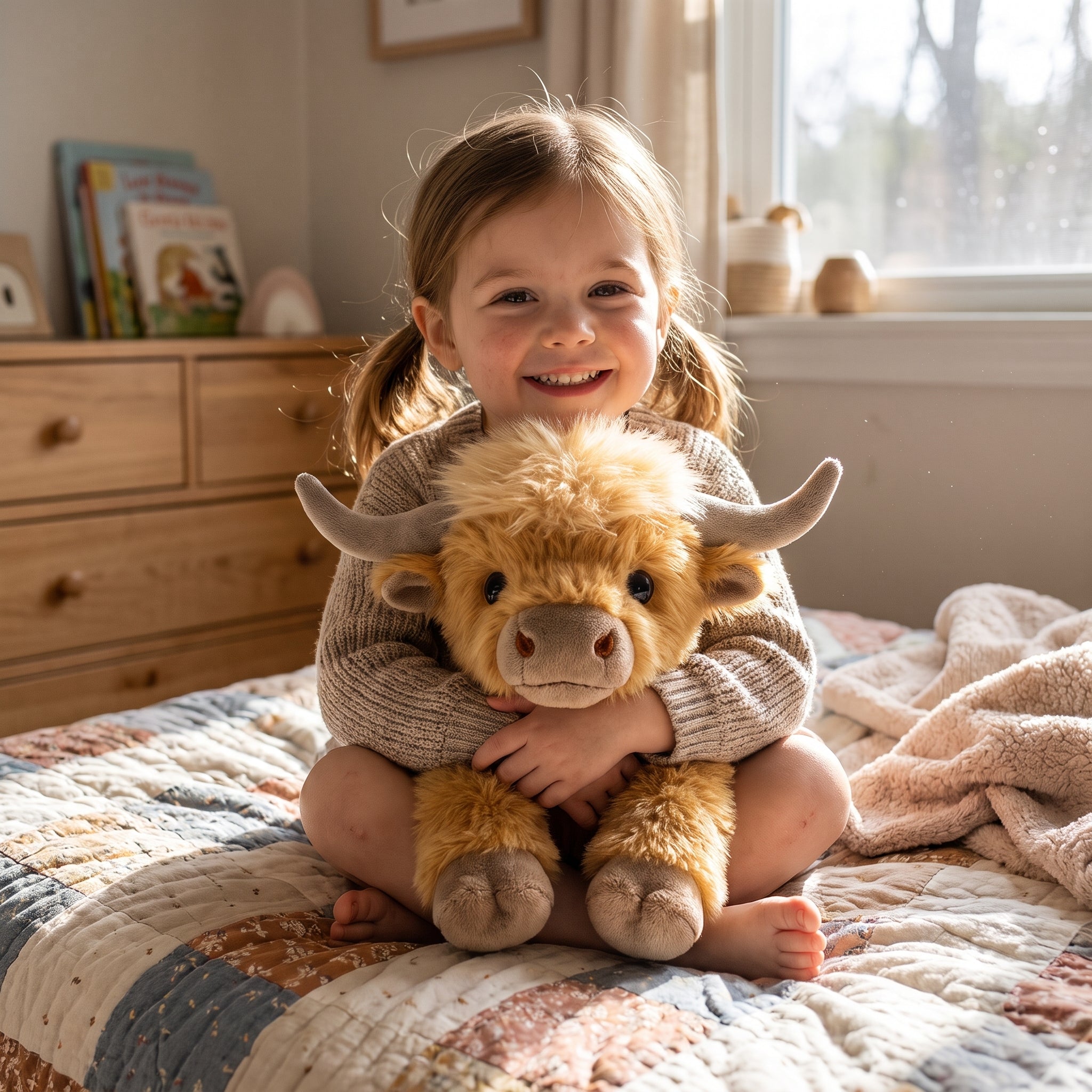 Girl hugging Highland cow stuffed animal