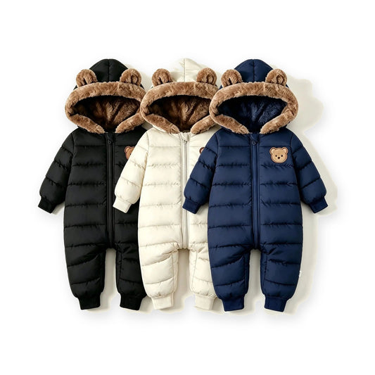 Baby snowsuit with bear ears in black, cream and navy