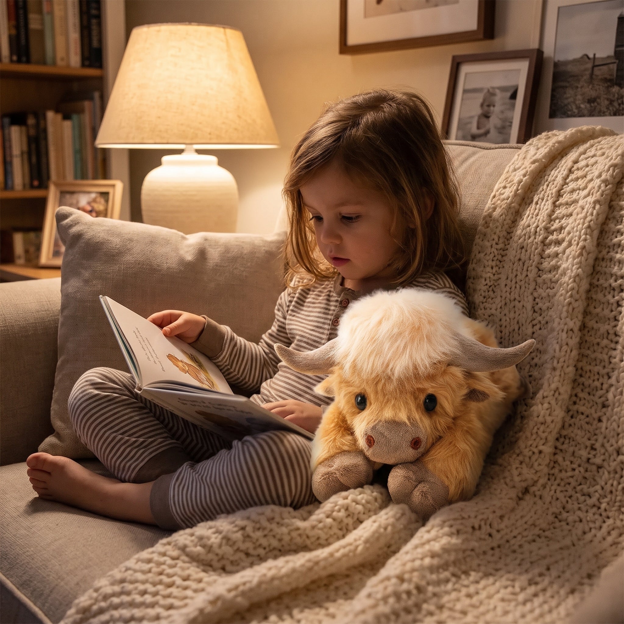 Child reading with Highland cow plush on the sofa